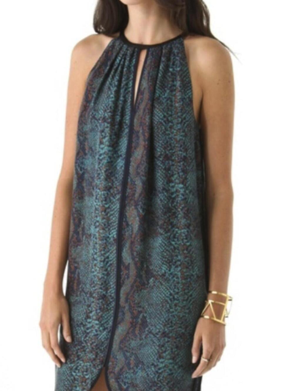 Rebecca Taylor Silk Blue & Green Python Print Black Trim Halter Dress - Size - 6